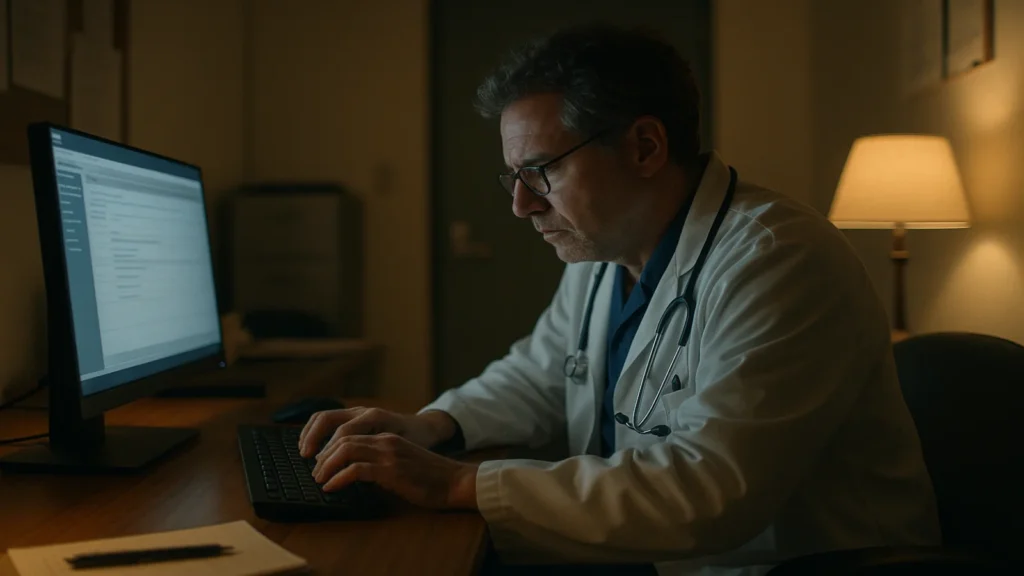 Physician finishing EHR notes at a clinic desk at night.